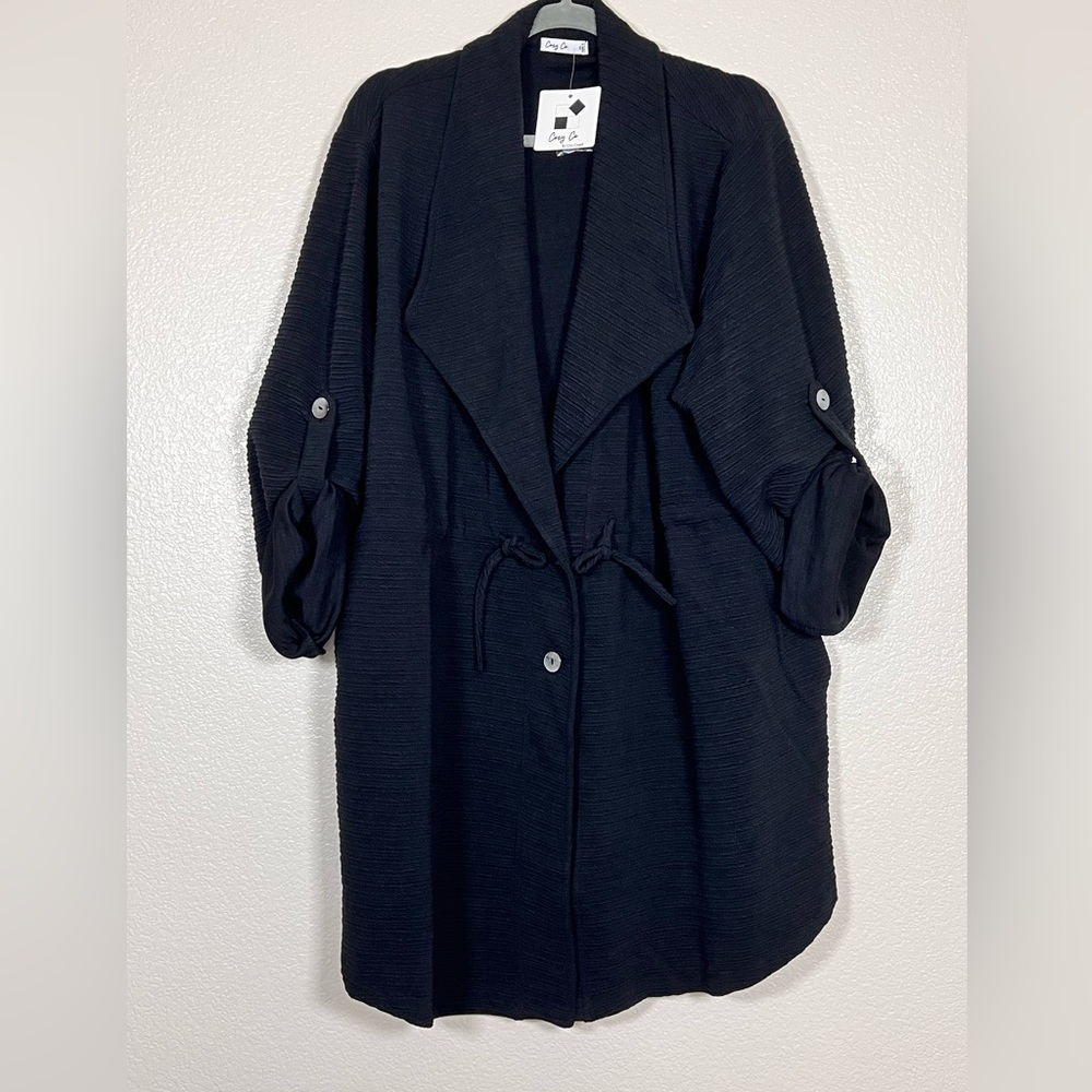 Cozy Chic Black Women's Open Front Jacket with Roll-Tab Sleeves
